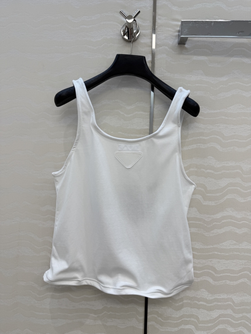 Prada 100% Pure Cotton U-Neck Cropped Tank Top with Adjustable Pleated Hem - White