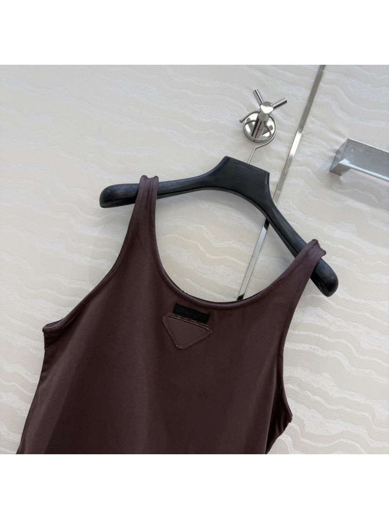 Prada 100% Imported Pure Cotton U-Neck Tank Top with Twisted Wire Hem in Dark Chocolate Brown