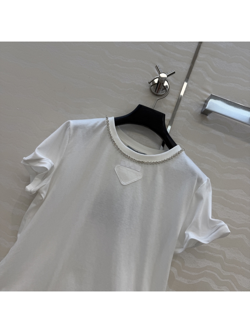 Prada 100% Pure Cotton Rhinestone Collar T-Shirt with Sculptural Steel Wire Hem