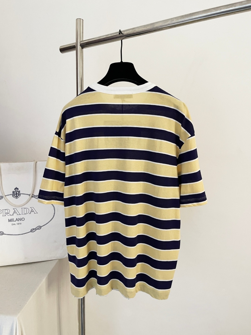 Prada Striped Pocket Cotton T-Shirt in Pale Yellow and Navy Blue