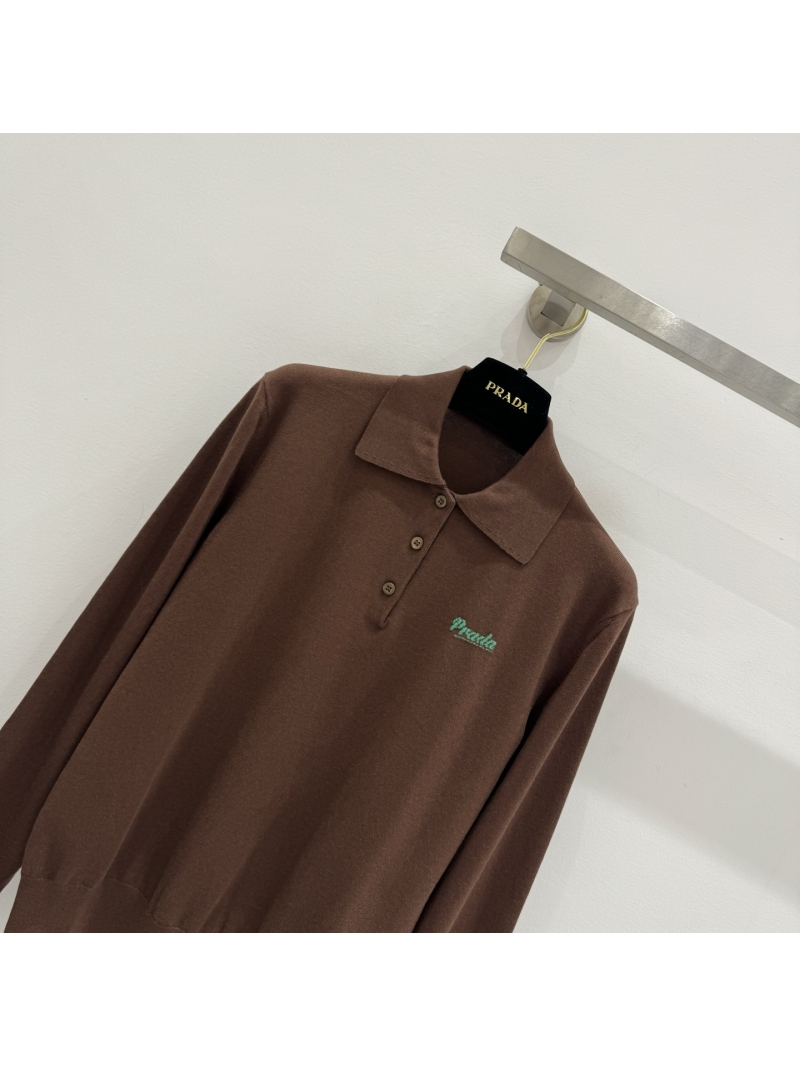 Prada Long-Sleeved Knit Polo Sweater in Chocolate Brown with Mint Logo