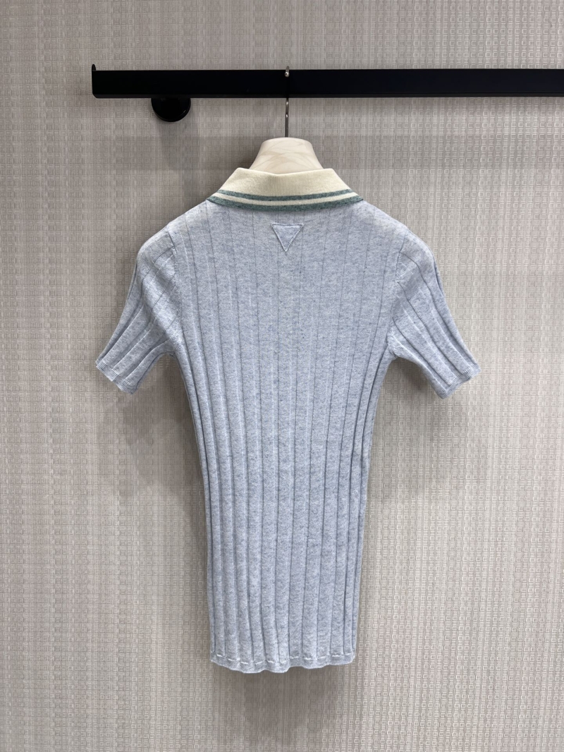 Prada Contrast Collar Ribbed Knit Polo Top in Pale Blue