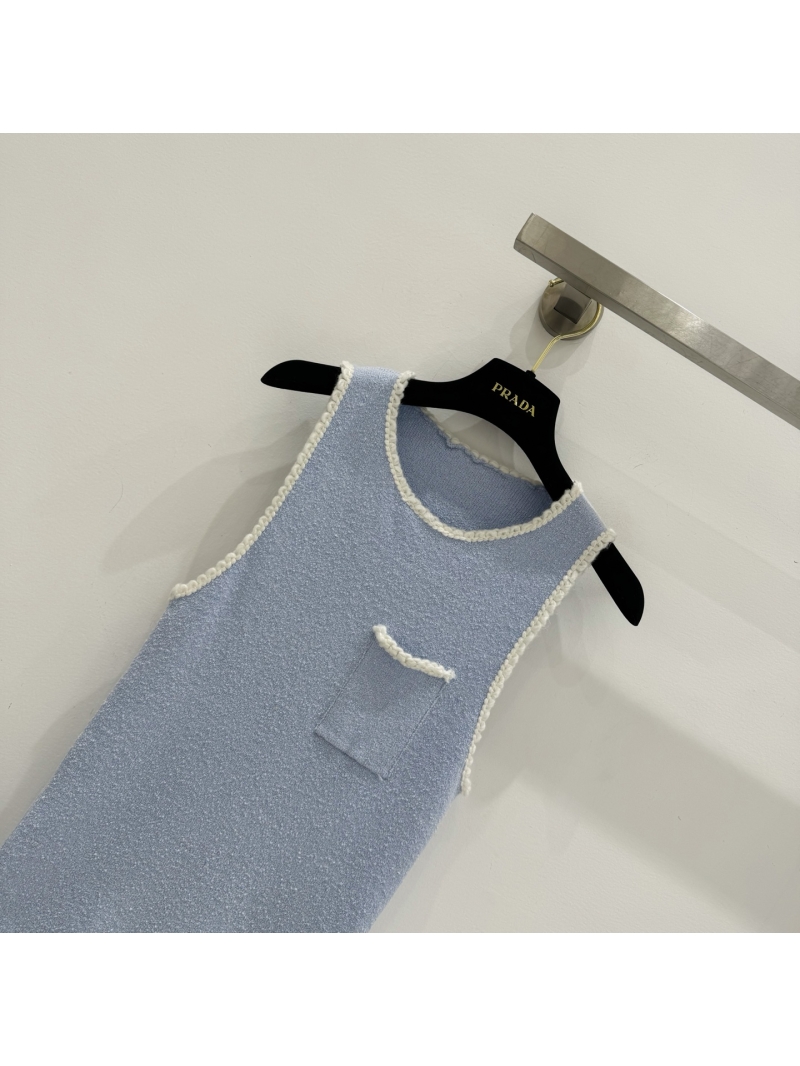 Prada Signature Braided Trim Bouclé Knit Tank Top in Sky Blue