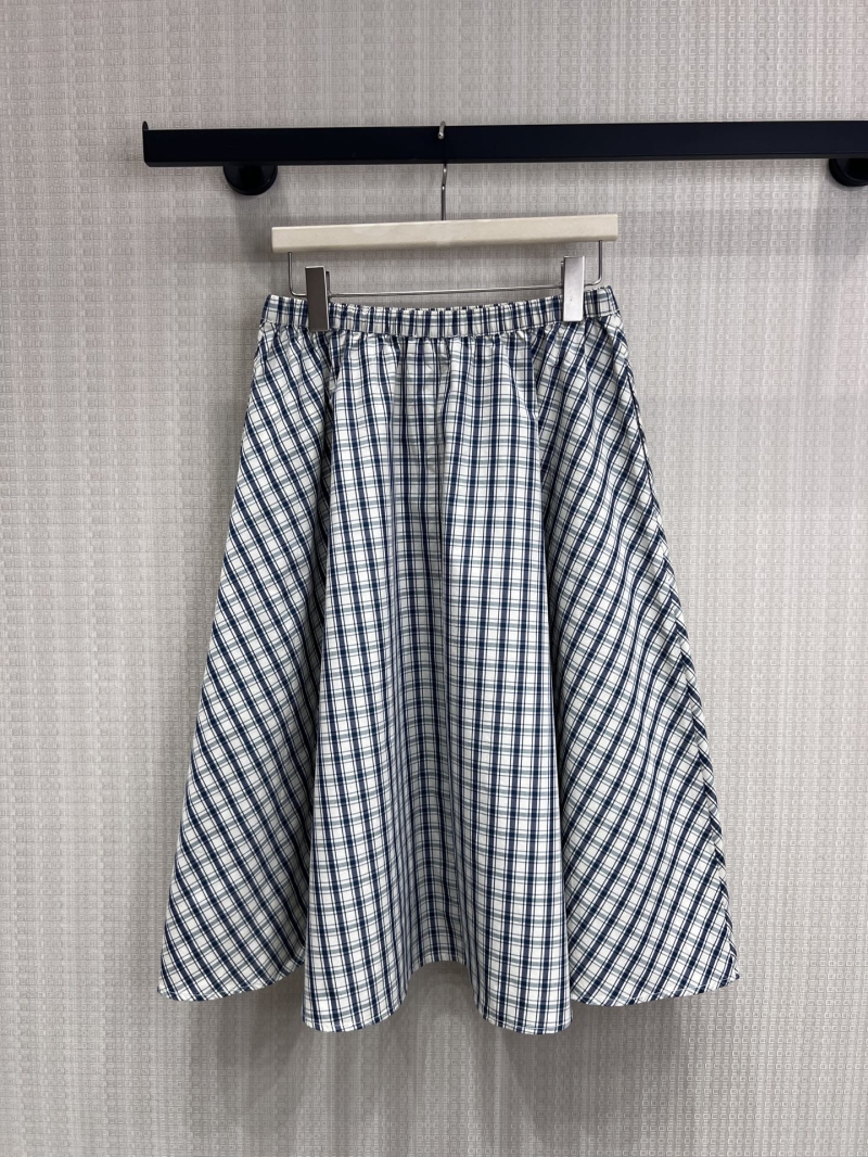 Prada Navy Checkered A-Line Skirt – High-Waisted Plaid Swing Midi with Signature Logo