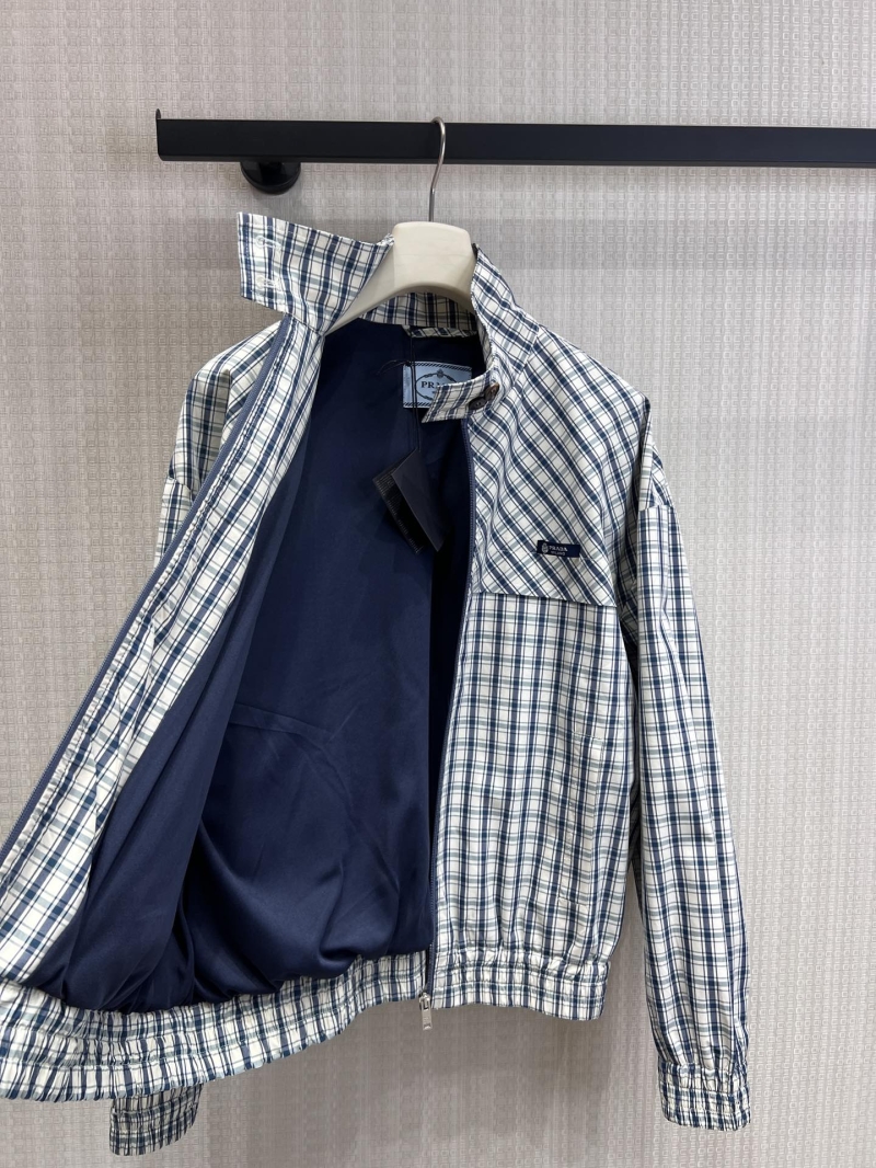 Prada Retro Plaid Oversized Nylon Blouson Jacket - Navy/White Plaid, Lightweight Waterproof Fabric, Signature Logo Patch, Spring/Summer 26Ss