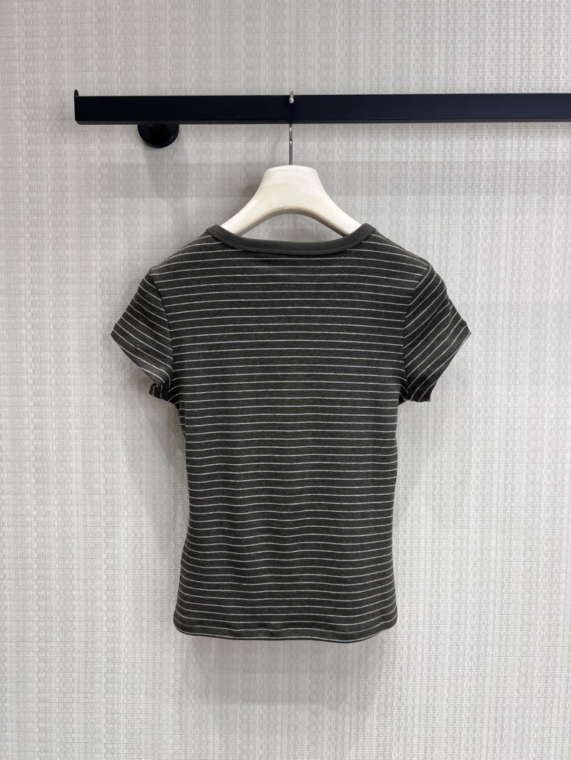 Prada Striped High-Stretch Knit Baby Tee in Charcoal Grey