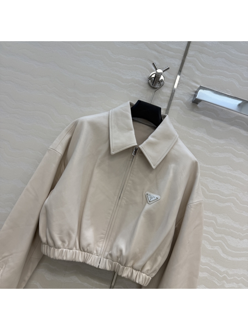 Prada Premium Cropped Lambskin Leather Jacket in Cream