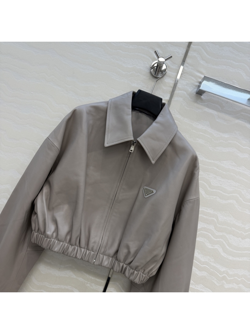 Prada Exquisite Cropped Lambskin Leather Jacket in Taupe