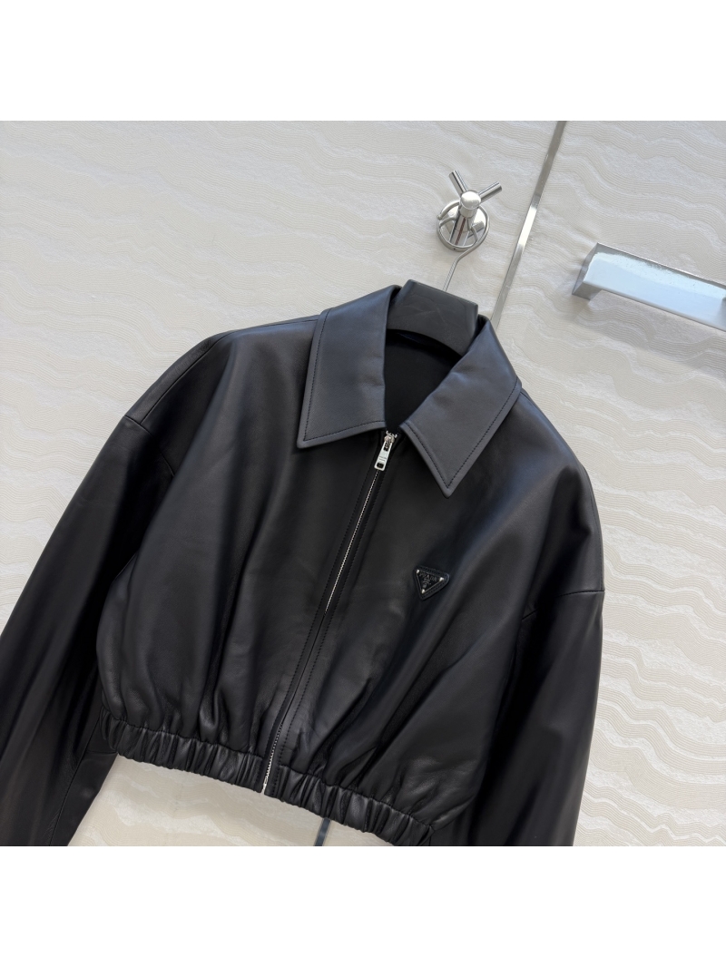 Prada 100% Lambskin Cropped Leather Blouson Jacket in Black
