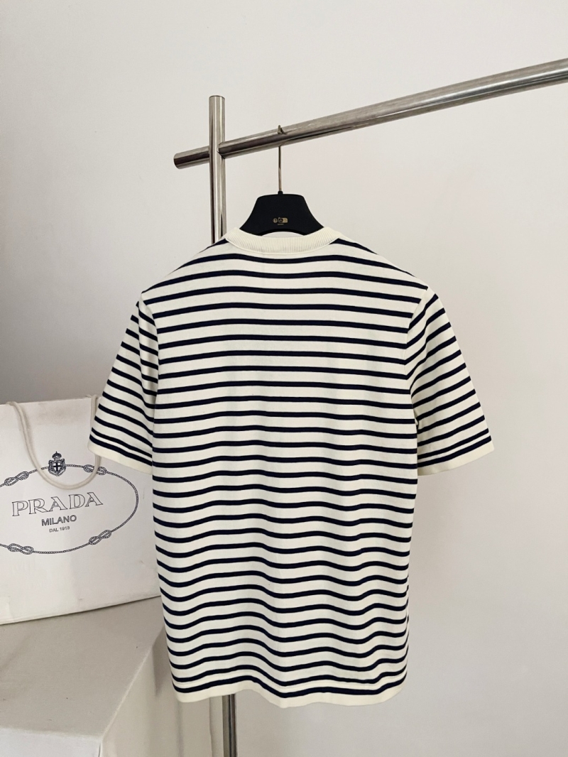 Prada Striped Short-Sleeve Knit Sweater in Cream and Navy