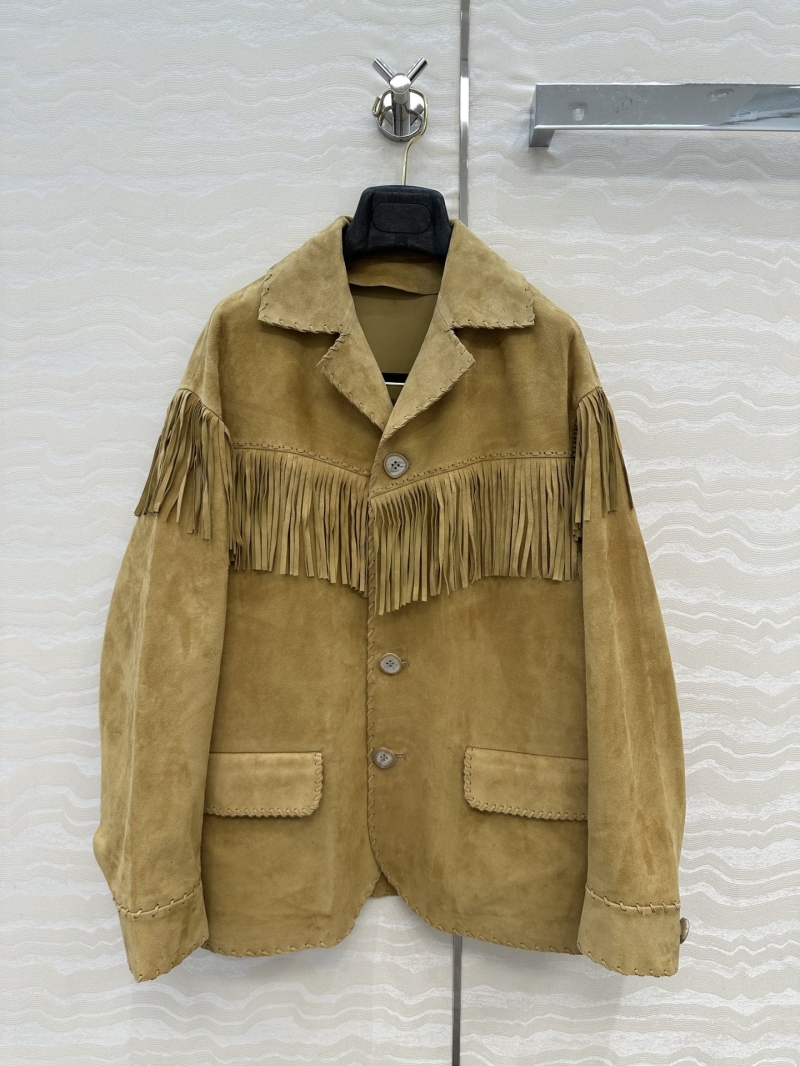 Ralph Lauren Exclusive Purple Label Suede Fringe Blazer in Khaki