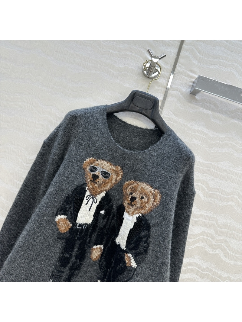 Ralph Lauren Luxe Alpaca Wool Teddy Bear Embroidered Sweater in Charcoal Gray