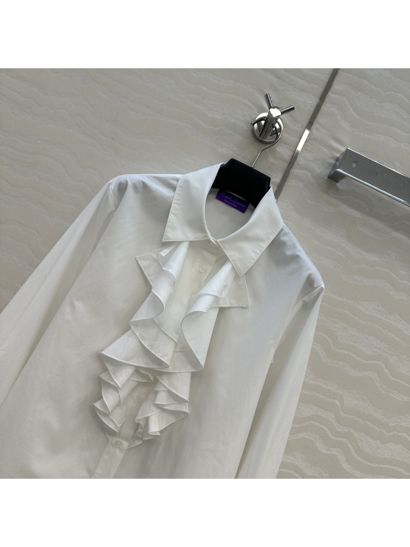 Ralph Lauren White Long-Sleeved Shirt with Cascading Ruffle Front - Limited Edition Luxury Blouse