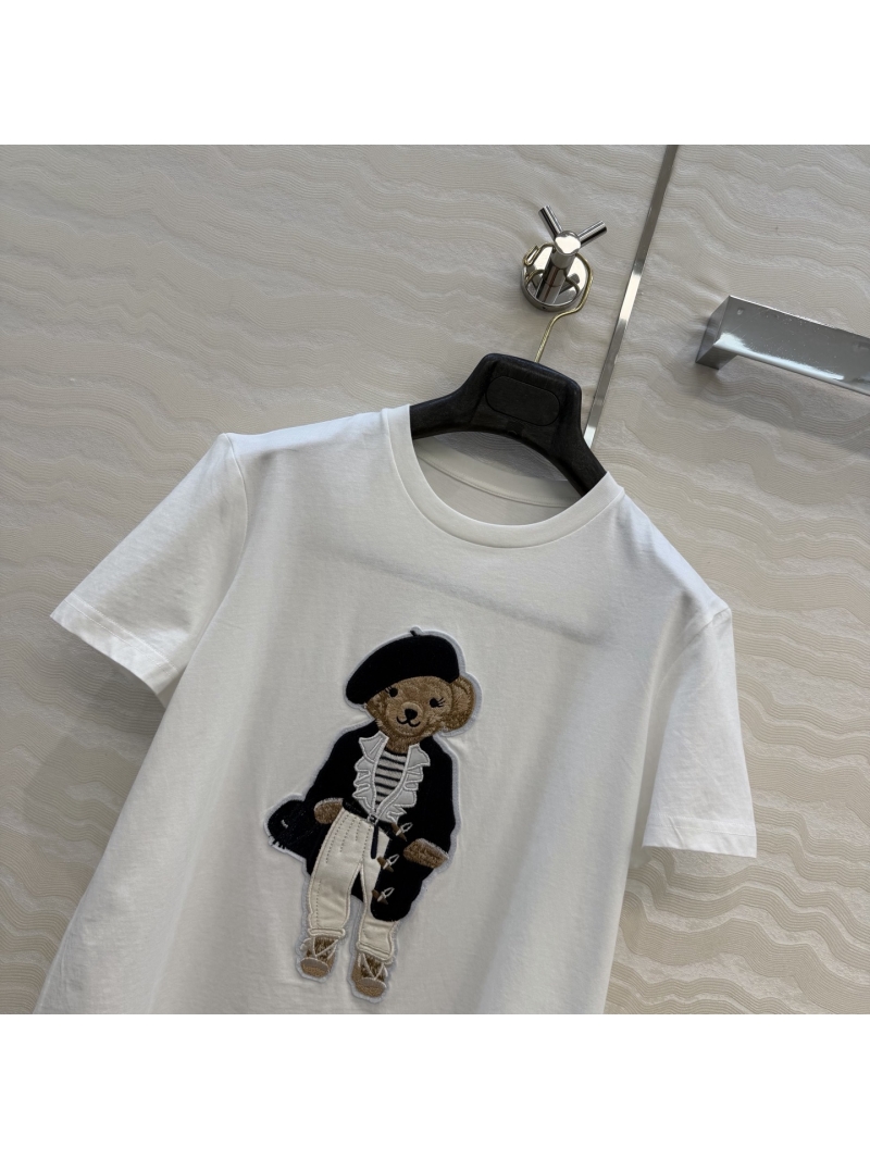 Ralph Lauren Exquisite Imported Pure Cotton Jersey T-Shirt with Signature Dimensional Polo Bear Embroidery, Classic White