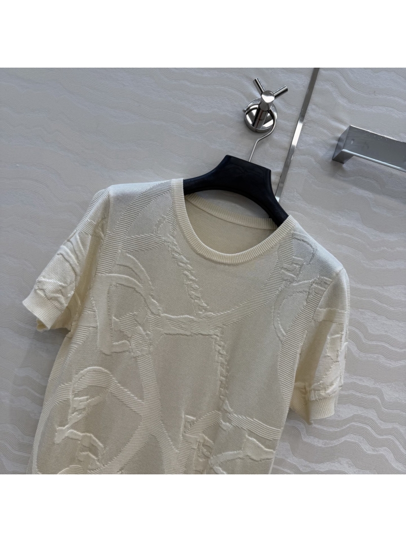 Ralph Lauren Exquisite Tencel-Cotton Embossed Jacquard Knit Short-Sleeve Top in Cream