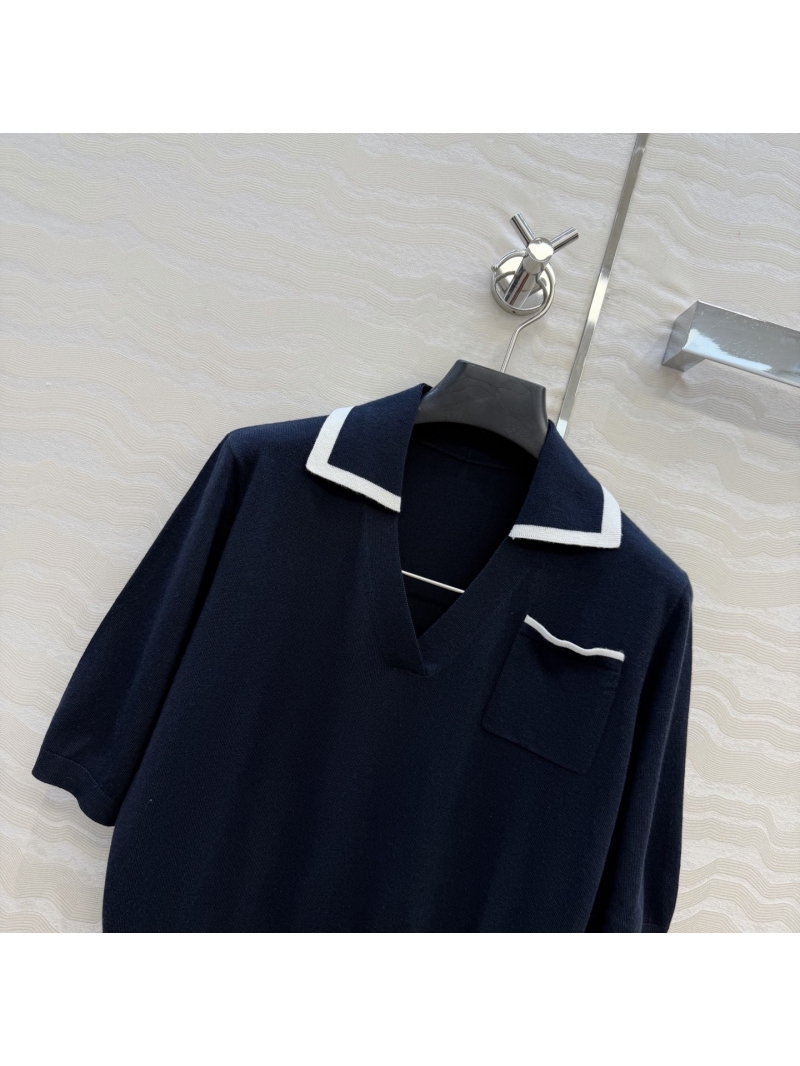 Ralph Lauren Custom Mulberry Silk and Modal Knit Polo Top in Navy
