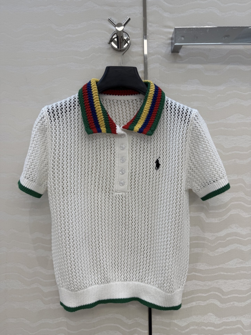 Ralph Lauren Exquisite 100% Cotton Rainbow Striped Open-Knit Polo Top