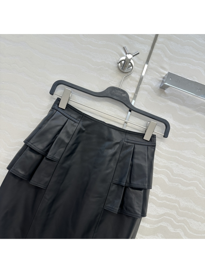 Valentino Black Leather High-Waist Flared Midi Skirt with Ruffle Hem