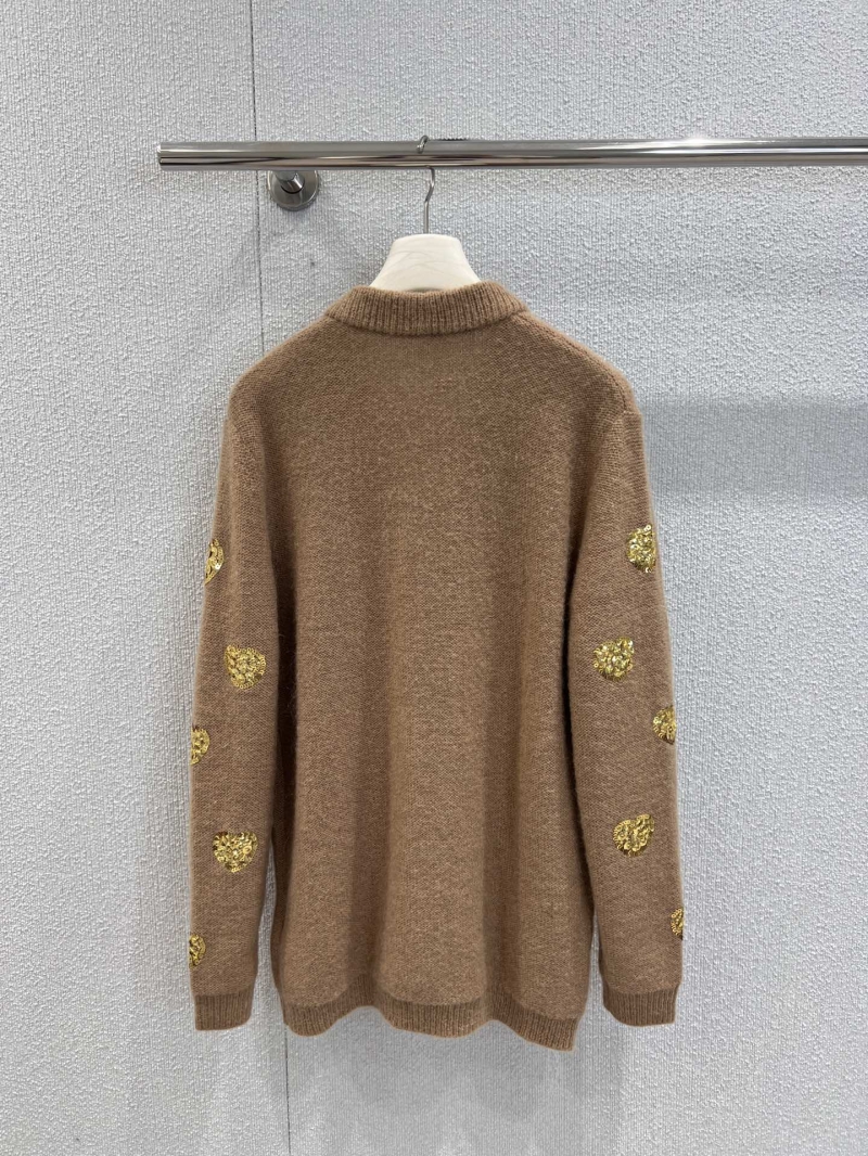 Valentino Autumn/Winter 2025 Exclusive Embroidered Gold Heart V-Neck Cardigan in Warm Brown