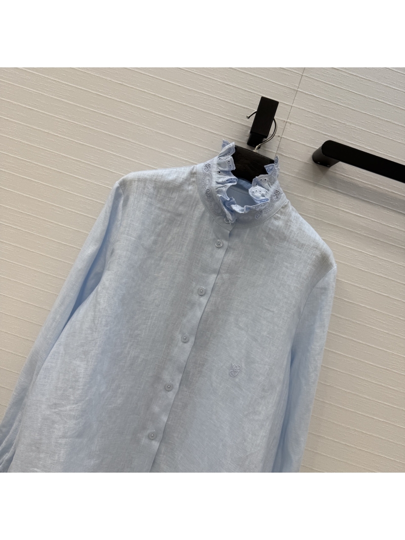 Valentino Water-Soluble Lace Ruffled Stand Collar Linen Shirt in Light Blue