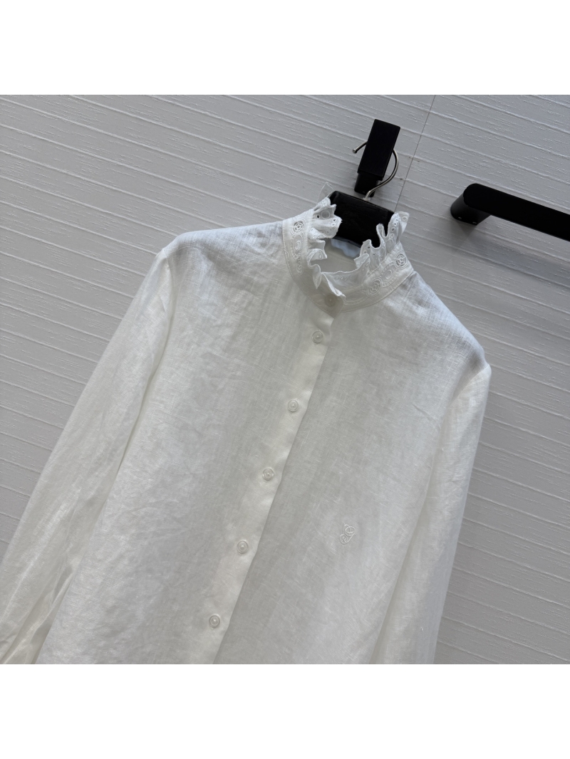 Valentino Exquisite Embroidered Lace Stand-Collar Linen Shirt in White