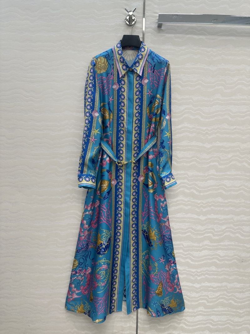 Versace Baroque Mermaid Princess Print 100% Silk Twill Dress with Medusa Buckle