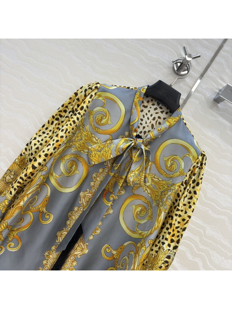 Versace Baroque & Leopard Print Silk Blouse in Gold & Brown | 100% Silk Twill | Flowing Tie Neck