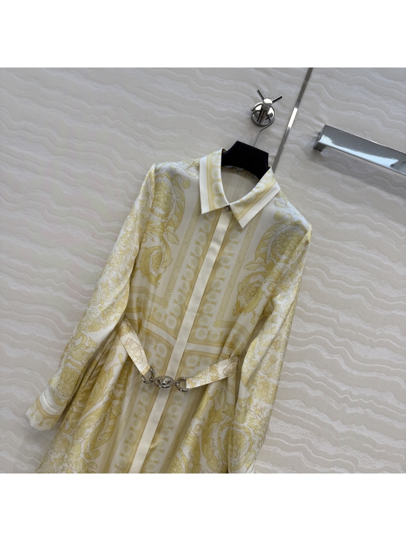 Versace Baroque Print Silk Shirt Dress in Ivory and Gold