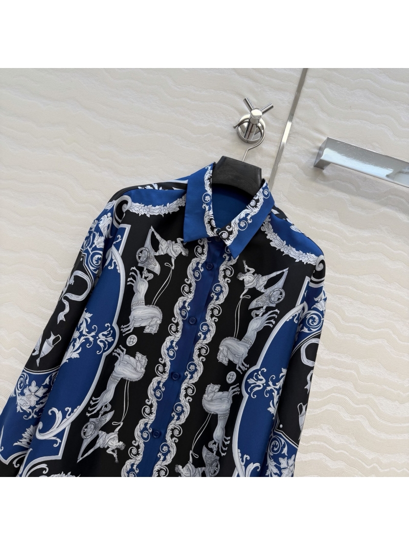 Versace Signature Baroque Print 100% Silk Twill Medusa Button Shirt in Black and Blue