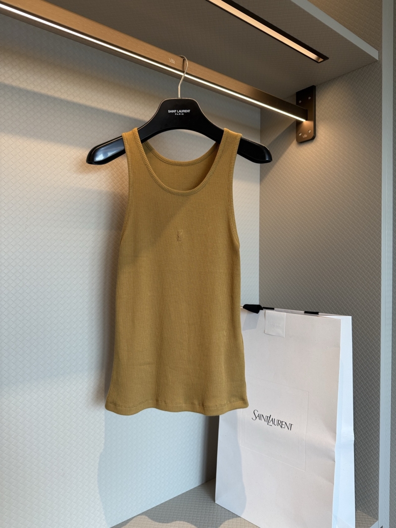 YSL Saint Laurent Ribbed Logo Tank Top Olive Green - Luxury Sleeveless Vest