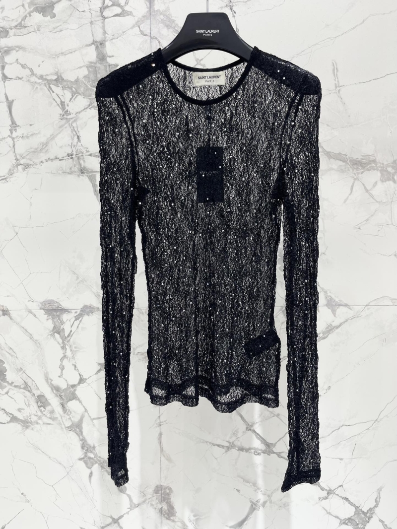 Saint Laurent Luxe Lace Rhinestone Black Top - Sheer Elegance