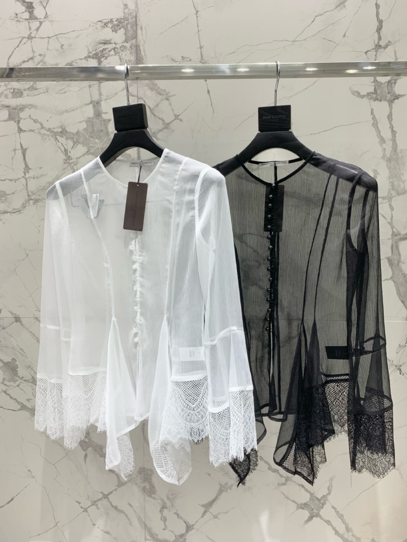 Saint Laurent YSL Luxe French Lace Round-Neck Sheer Blouse