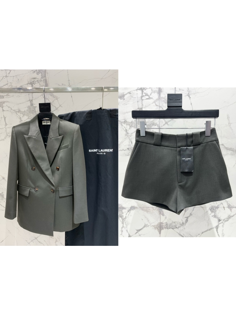 Saint Laurent YSL Classic Wide-Waist Twill Wool Shorts in Grey