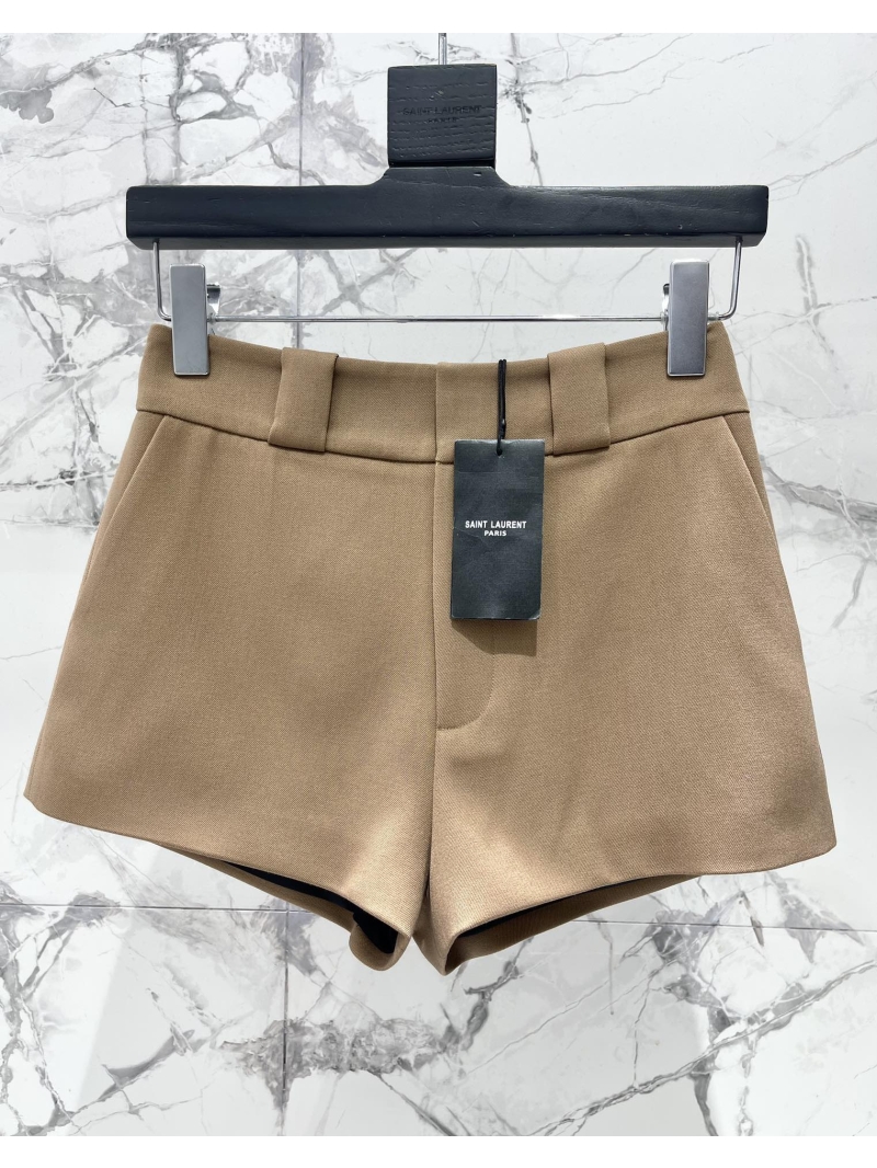 Saint Laurent YSL Classic Wide-Waist Twill Wool Shorts in Khaki - Luxe & Versatile