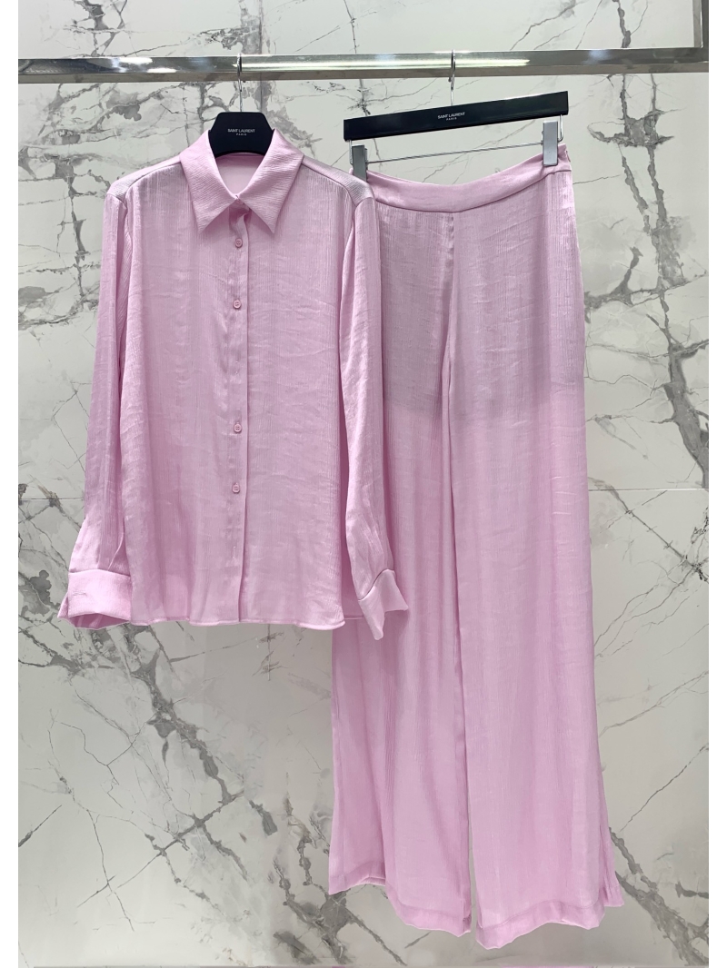 Saint Laurent Luxe Pleated Rayon Shirt & Wide-Leg Pants Set - Pink