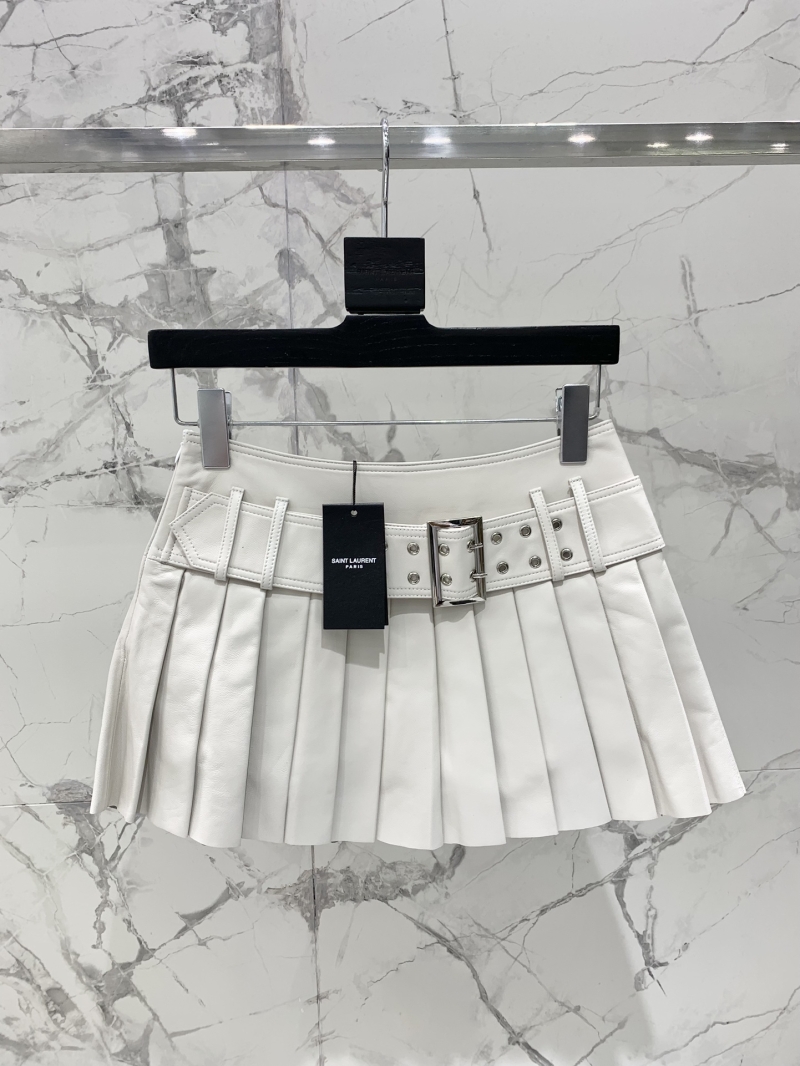 Saint Laurent 225SS YSL Fall Luxe Mini Pleated Leather Skirt - off-white