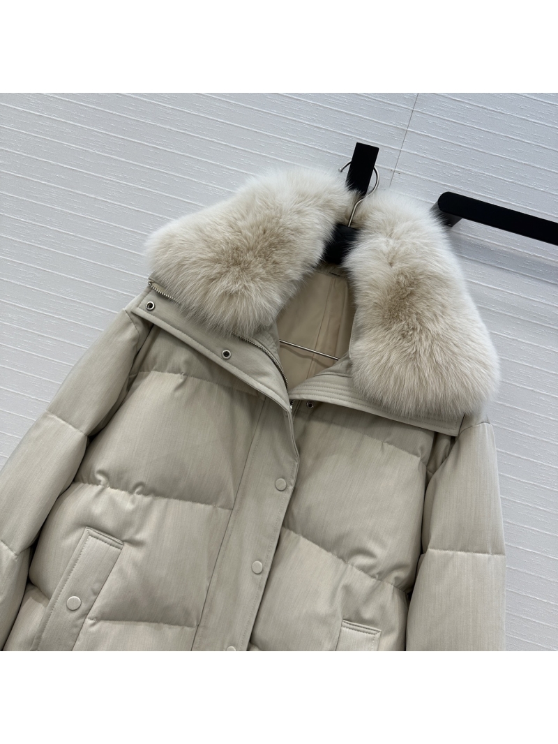 Saint Laurent x Loro Piana Collaboration: Luxe Fox Fur-Trimmed Down Jacket & Mittens in Apricot-Beige