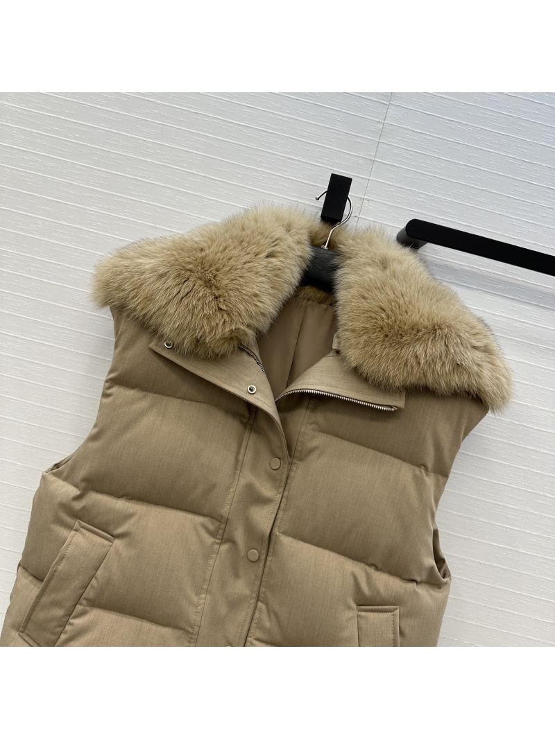 Yves Saint Laurent x Loro Piana Fox Fur Collar Down Vest – Tencel Wool, White Goose Down, Short Puffer Style