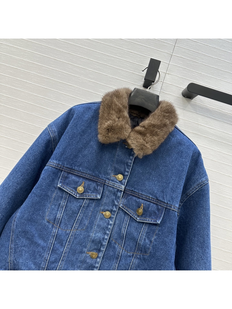 YSL Saint Laurent Cropped Denim Jacket with Sumptuous Mink Fur Collar and Goose Down Filling