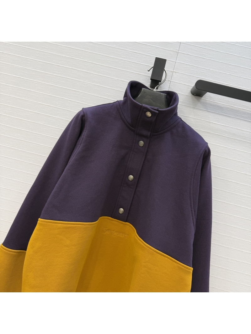 Saint Laurent YSL Signature 100% Pure Cotton Color-Block Stand Collar Sweatshirt in Purple and Yellow
