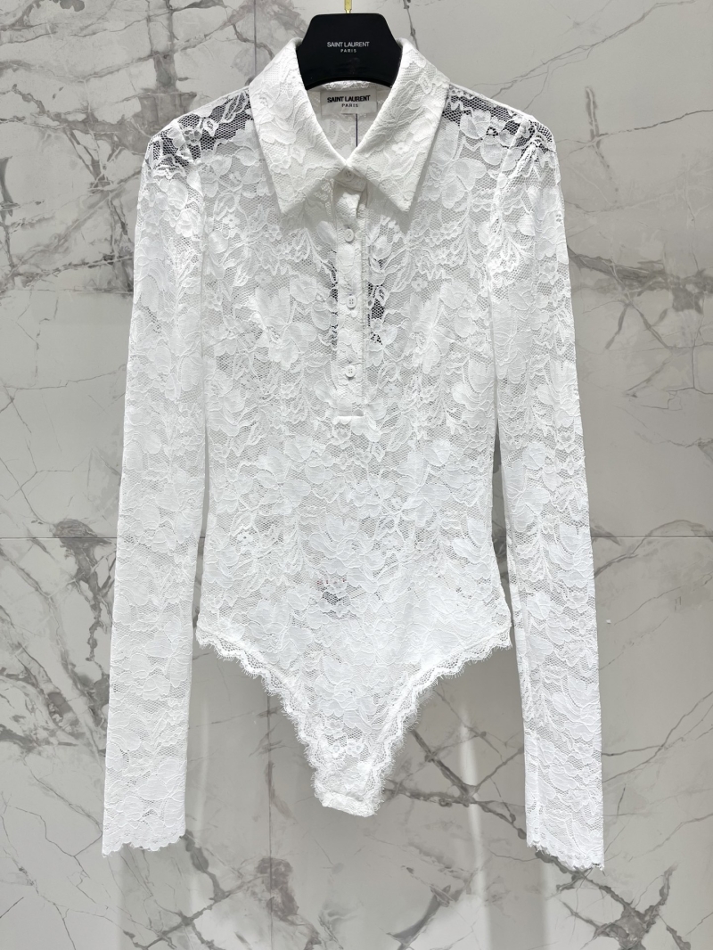 Saint Laurent Floral Lace Jacquard Long Sleeve Bodysuit in Pure White