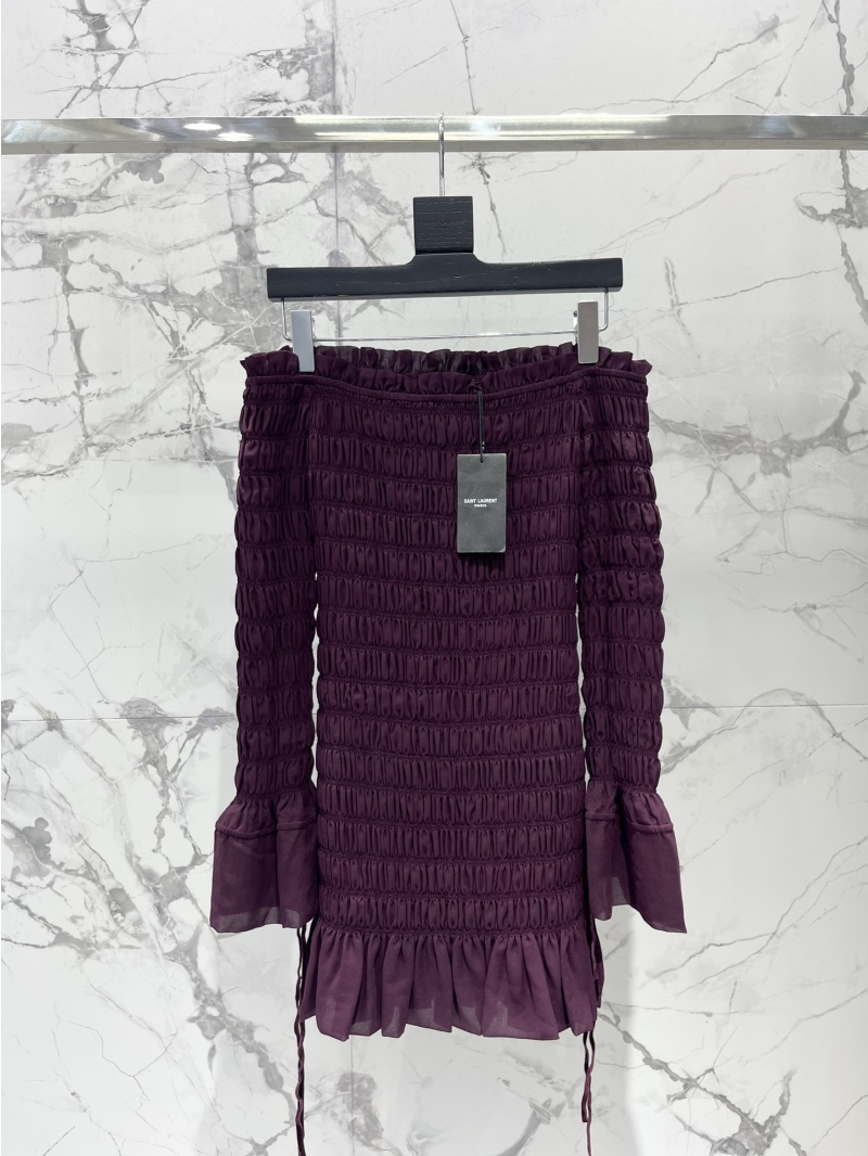 Saint Laurent Smocked Silk-Blend Off-the-Shoulder Mini Dress in Plum