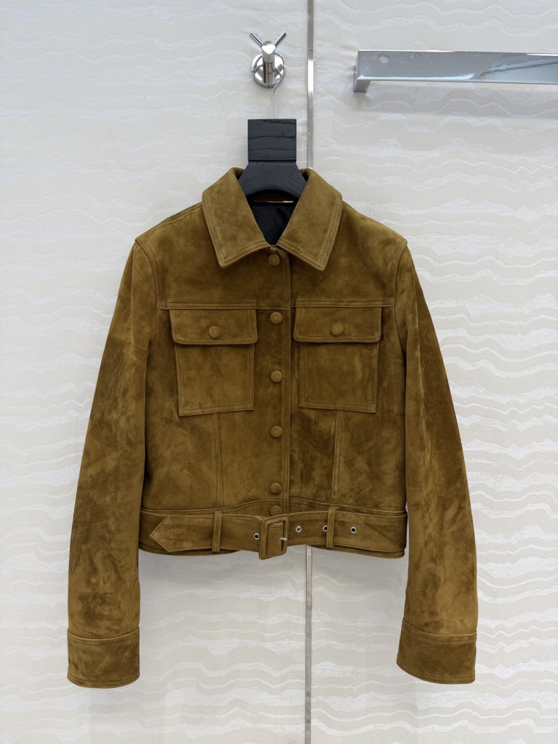 Saint Laurent 100% Suede Lambskin Belted Retro Utility Jacket in Tobacco