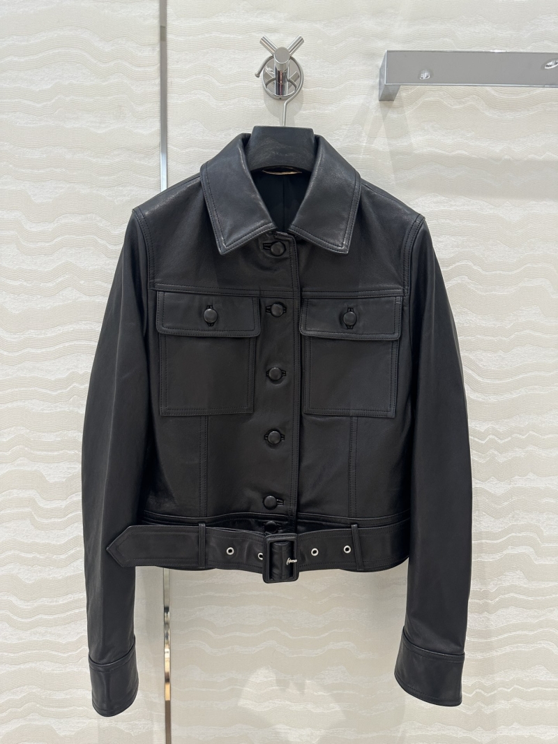 Saint Laurent Sumptuous Turkish Lambskin Belted Cropped Leather Jacket in Black