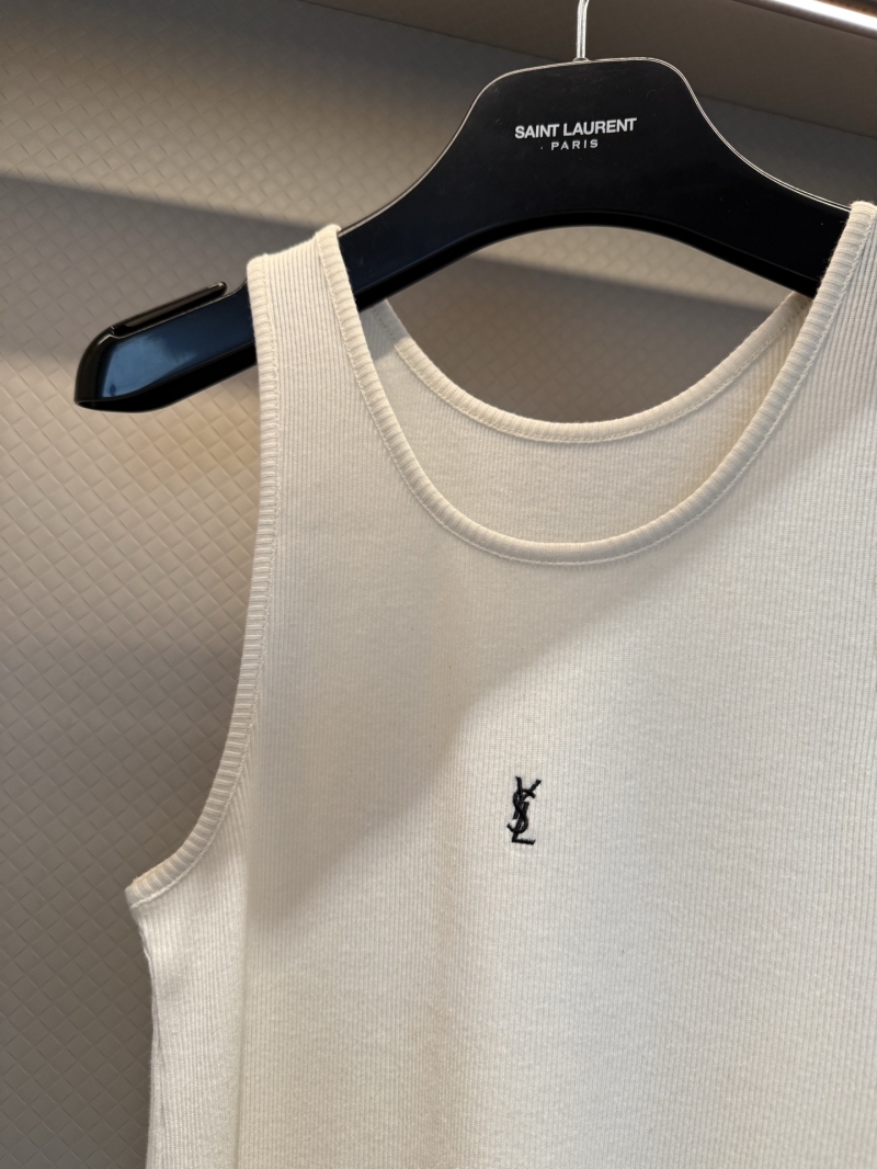 Saint Laurent YSL Ribbed Knit Embroidered Logo Tank Top in Off-White