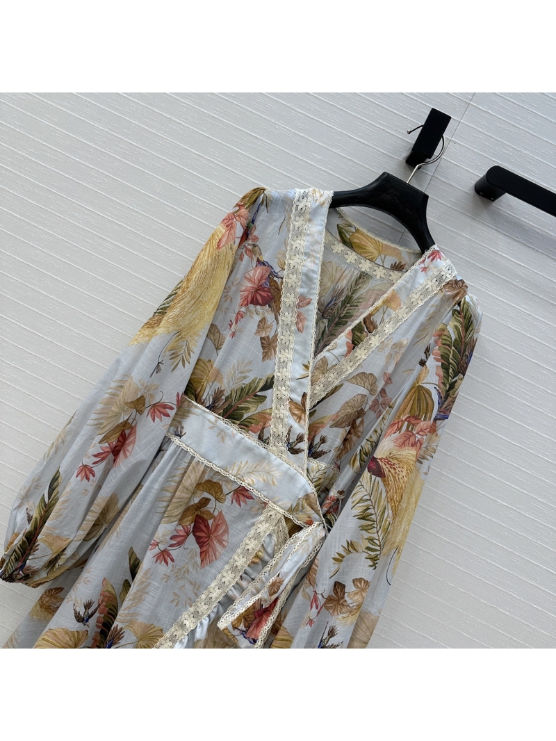 Zimmermann Zm25 Resort Blue Palm Floral Lace-Trim Puff Sleeve Dress - Luxe Elegance