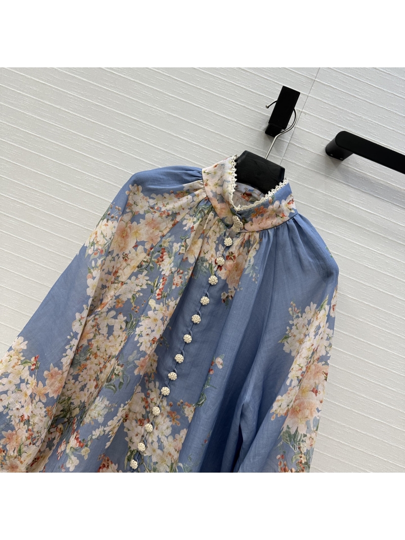 Zimmermann 2025 Spring/Summer Tea Blue Floral Shirt - Elegant Vacation Style with Lace Trim