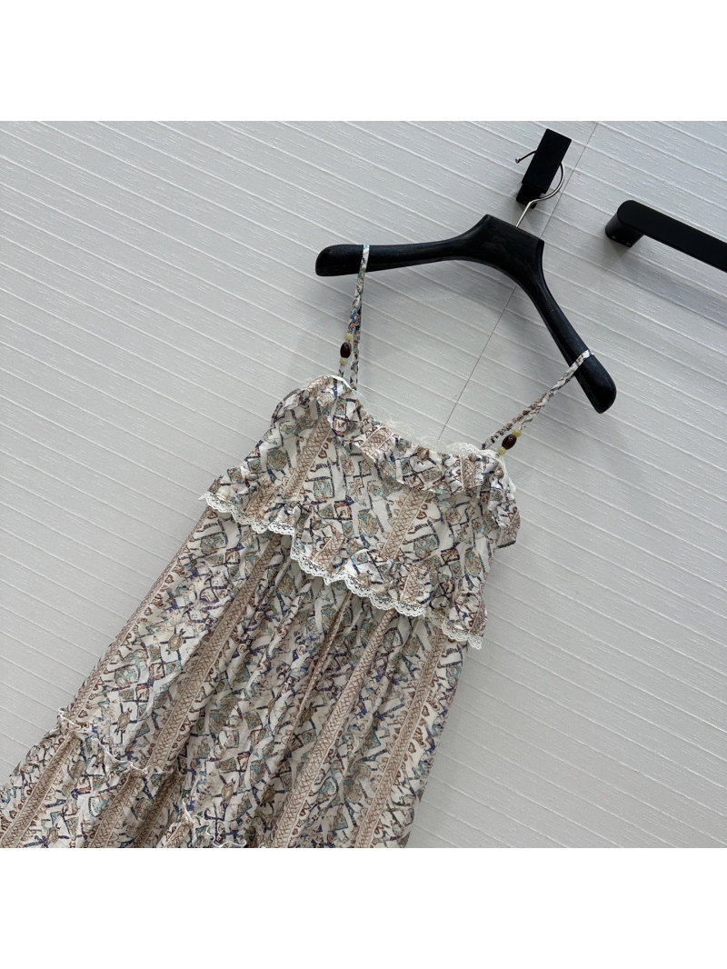 Zimmermann Ethereal Tencel-Linen Printed Slip Dress | Beaded Straps & Layered Lace Trim, White Multi