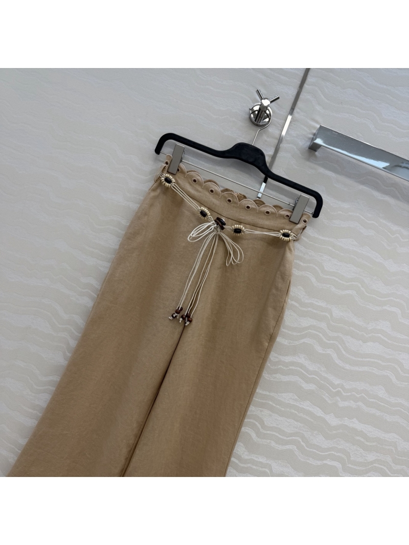 Zimmermann 100% Heavy-weight Linen Embroidered Wide-Leg Resort Pants in Natural Camel