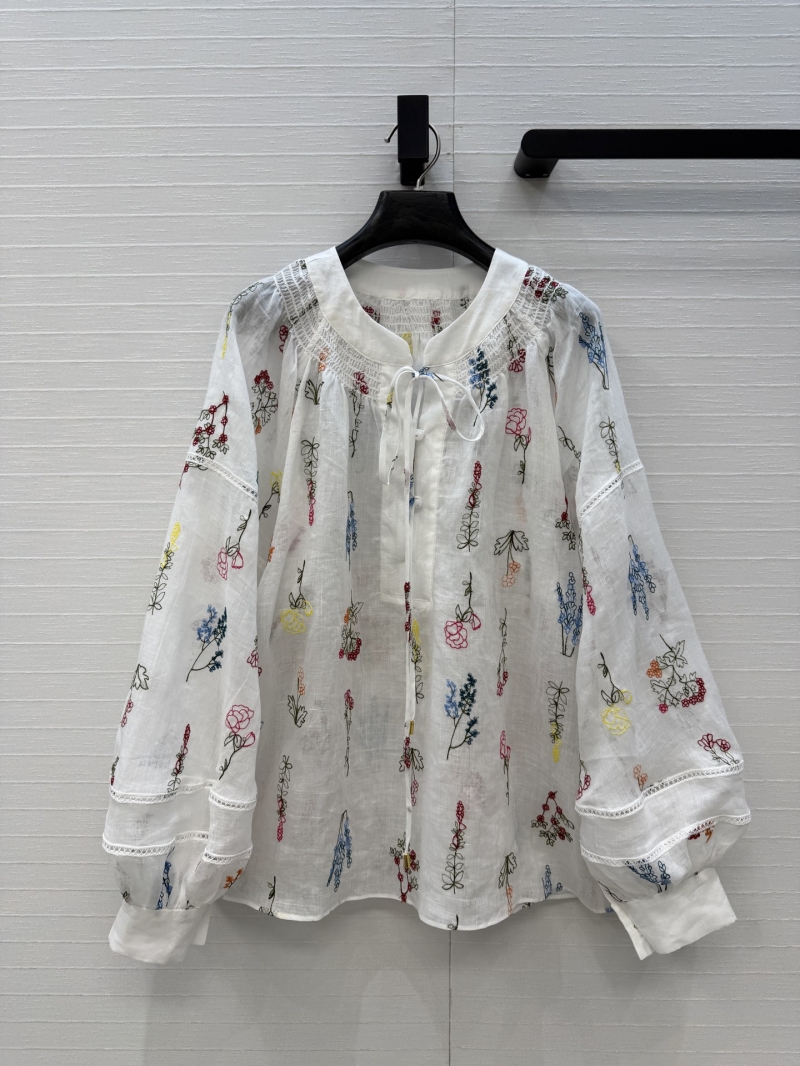 Zimmermann Exquisite Silk-Linen Floral Embroidered Pastoral Blouse in Off-White